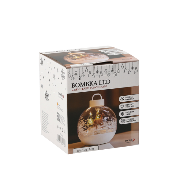 OZDOBA BOŻONARODZENIOWA BOMBKA 15 X 15 X 17 CM Z POZYTYWKĄ LED - BIAŁA - RENIFER *3504