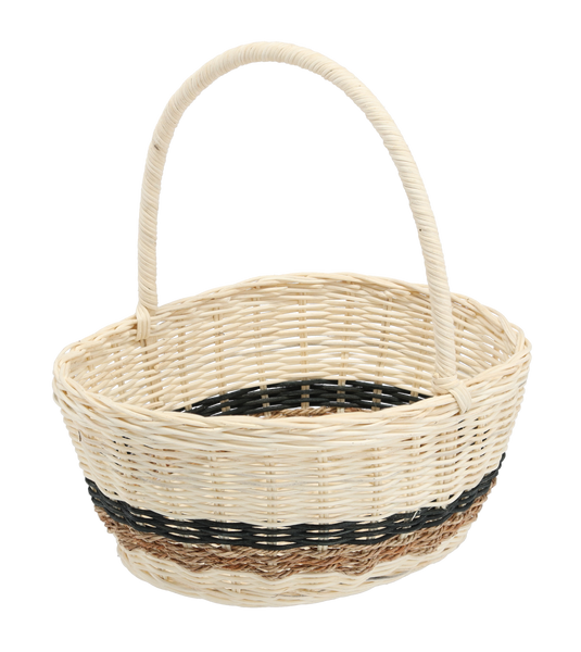 KOSZYK RATTANOWY 26 x 21 x 12/26 CM Z UCHWYTEM - BIAŁY Z CZARNYM I NATURALNYM *7367