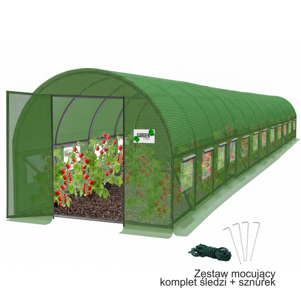 TUNEL FOLIOWY OGRODOWY 12 SEGMENTOWY ZIELONY 12 x 5 x 2 M Z DRZWIAMI NA ZAWIASIE