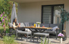 HLINÍKOVÝ TEAKOVÝ ZÁHRADNÝ NÁBYTOK (ROHOVÁ SOFA + STÔL + 2 TABURETY) ANTRACITOVÁ + ŠEDÉ VANKÚŠE *0411