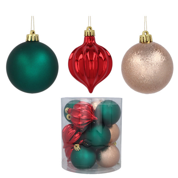 SET OF 12 BAUBLES 6 CM RED/GOLD/GREEN