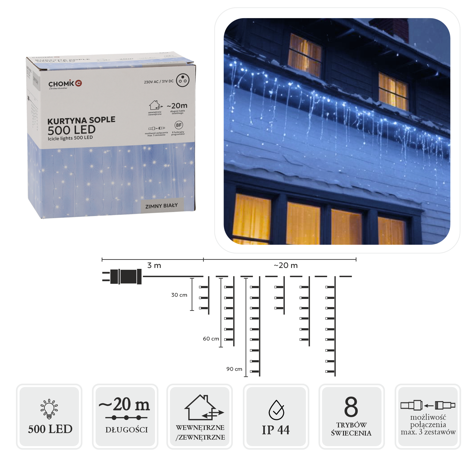 KURTYNA SOPLE 500L ZIMNY BIAŁY, DŁ. 3 + 20 M *9874