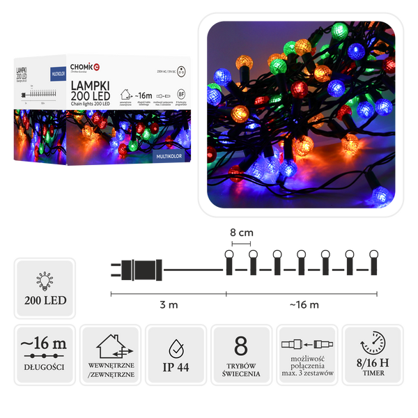 LED LAMPY ČEREŠŇOVÉ POUKAZY 200L MULTIKOLOR, DĹŽKA 3 + 16 M *9980