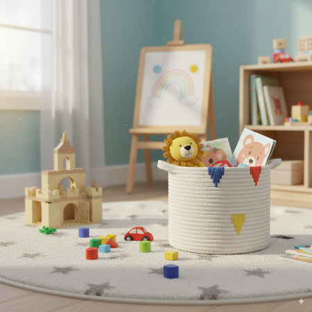 ROUND BASKET WHITE WITH COLORFUL PATTERN SIZE S