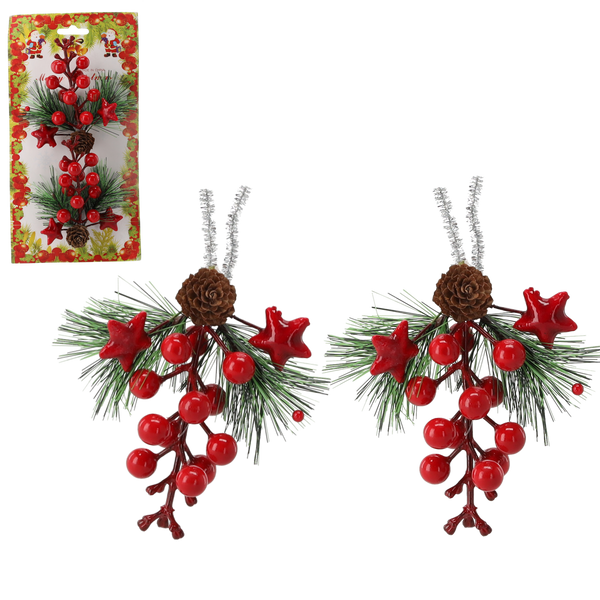 SET OF 2 DECORATIVE BRANCHES 11 X 12.3 CM WITH MOUNTAIN ASH, CONES, AND STARS