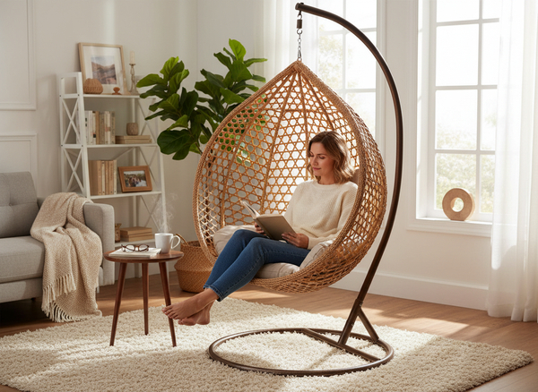 FOTEL WISZĄCY ROZM. XL BRĄZOWY, PODUSZKA BEŻOWA, RAMA BRĄZOWA