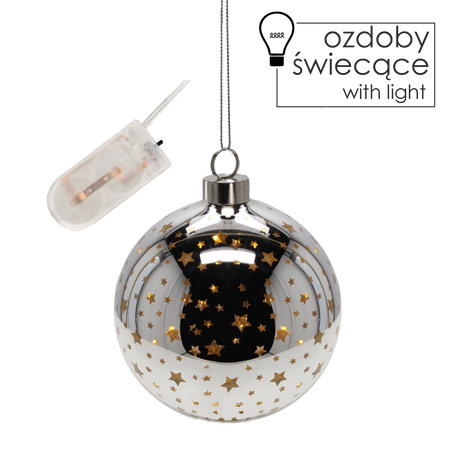 GLASS CHRISTMAS ORNAMENT 10 CM LED SILVER BAUBLE WITH STARS