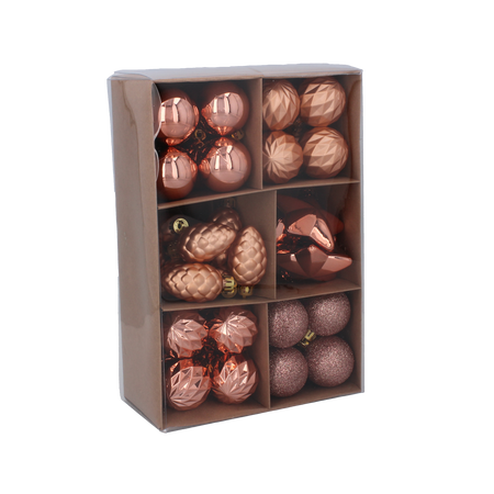 SET OF 47 BAUBLES 4-6 CM OLIVE/COPPER/GRAPHITE MIX DESIGNS