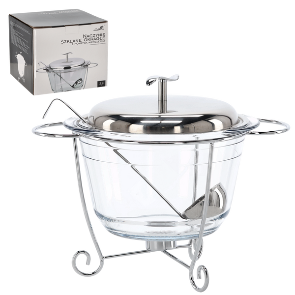 OBIECT DIN STICLĂ 3,9 L ROTUND CU CAPAC DIN INOX ȘI ÎNCĂLZITOR + LOZĂ *2920