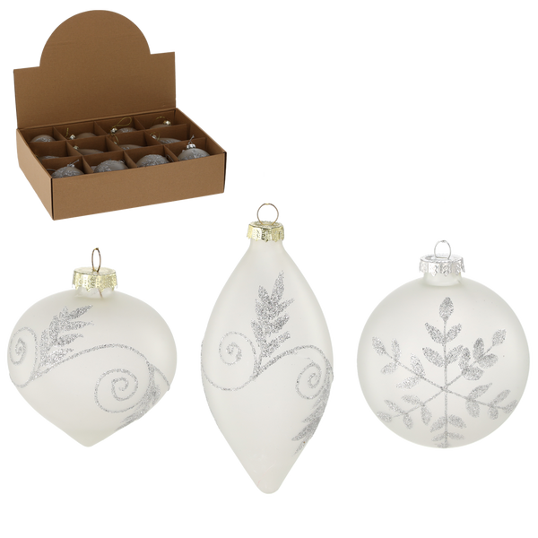 GLASS ORNAMENT - MATTE WHITE DECORATED MIXED PATTERNS