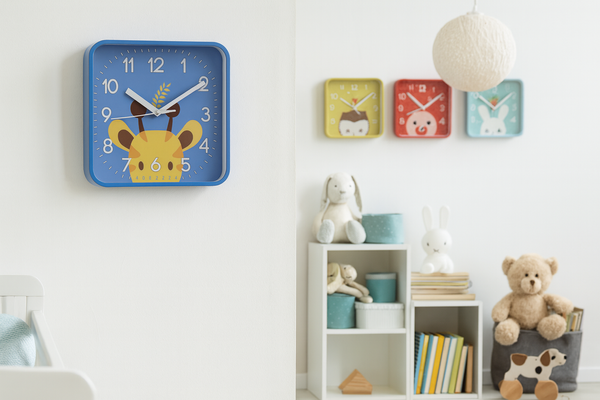 ZEGAR WISZĄCY DZIECIĘCY KWADRATOWY 20,2 x 20,2 x 3,5 CM MIX 4 WZORÓW *4603