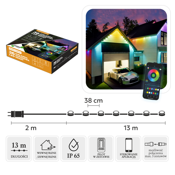 GIRLANDA SMART LED 36L MULTIKOLOR, DŁ. 2 + 13 M WEWN/ZEWN *9308