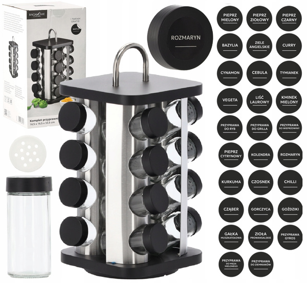 PRZYPRAWNIK KWADRATOWY 16,5 x 16,5 x 33,5 CM Z RĄCZKĄ 16 SŁOICZKÓW CZARNO-SREBRNY *9165