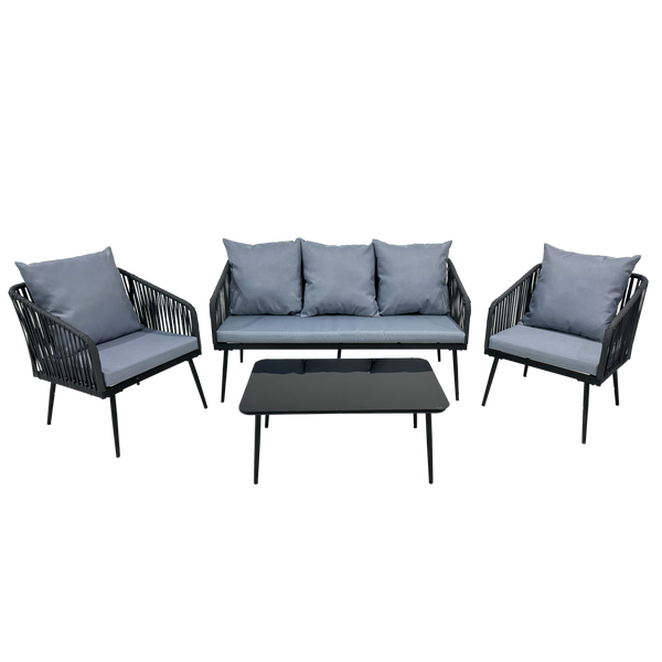 SADA ZAHRADNÍHO NÁBYTKU Z PLETENÉHO LANA (2 KŘESLA + SOFA + STŮL) - ANTRACIT, POLŠTÁŘE - ŠEDÉ *8500