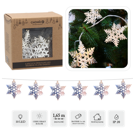 LED LIGHT CHAIN SILVER SNOWFLAKES 10 L WARM WHITE