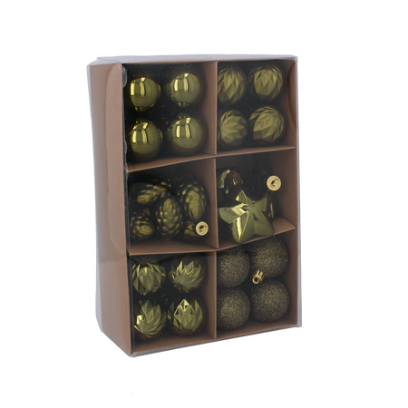 SET OF 47 BAUBLES 4-6 CM OLIVE/COPPER/GRAPHITE MIX DESIGNS