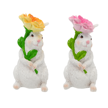 FIGURINĂ DECORATIVĂ - IEPURAȘ CU FLOAREA 7 x 8 x 14,7 CM MIX 2 CULORI pachet=4 buc *8227