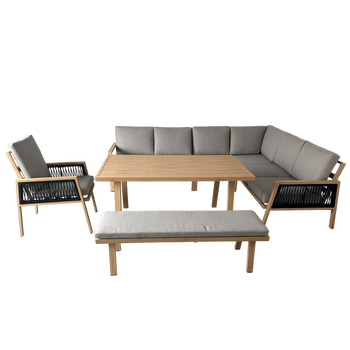 ALUMINUM FURNITURE SET (CORNER SOFA + BENCH + TABLE) BROWN + GREY CUSHIONS