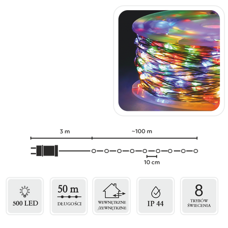 LAMPKI LED DRUCIKI NA SZPULI 500L MULTIKOLOR, DŁ. 3 + 50 M *8547