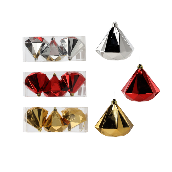 SET 3 BOLURI DE CRĂCIUN DIAMANT 10 CM ROȘU/AURIU/ARGINTIU *0195