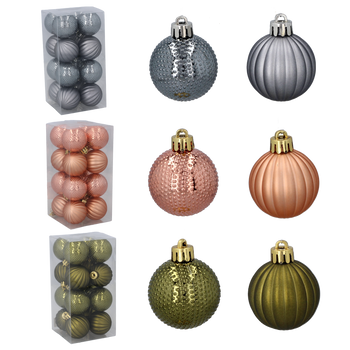 SET OF 16 BAUBLES 4 CM OLIVE/COPPER/GRAPHITE MIX DESIGNS