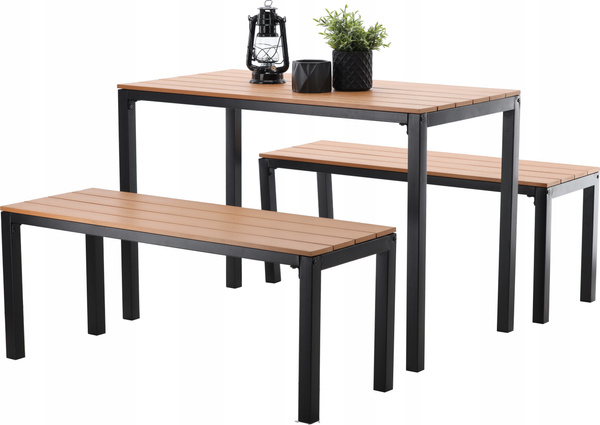 ZESTAW MEBLI OGRODOWYCH STÓŁ 110 x 58.5 x 75.5 CM + 2 ŁAWKI 110 x 39 x 45 CM BRĄZOWY *0858