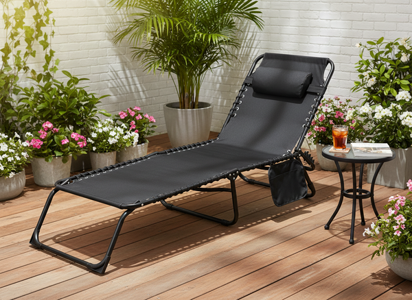 LEŻAK / ŁÓŻKO OGRODOWE SKŁADANE 190 x 58 x 30 CM Z KIESZONKĄ CZARNE