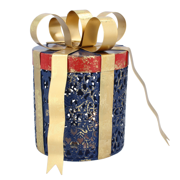 VÁNOČNÍ OZDOBA - METALOVÝ KRUHOVÝ DÁREK S MAŠLÍ LED 15 x 15 x 20 CM *5258