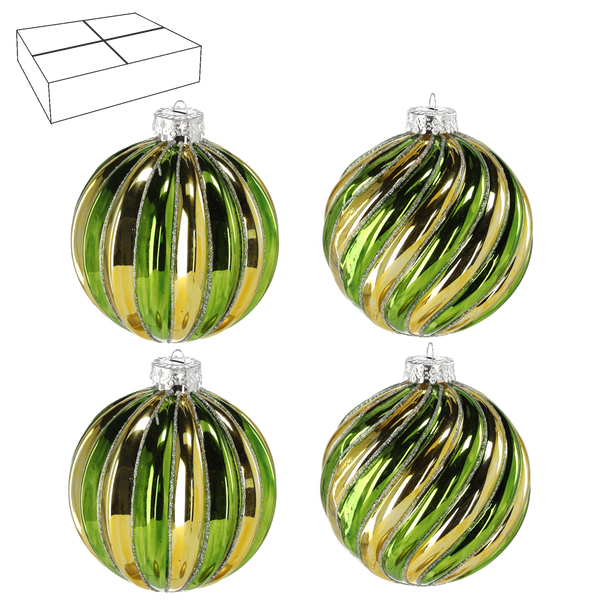SET OF 4 GLASS ORNAMENTS - GREEN AND GOLD 8 CM