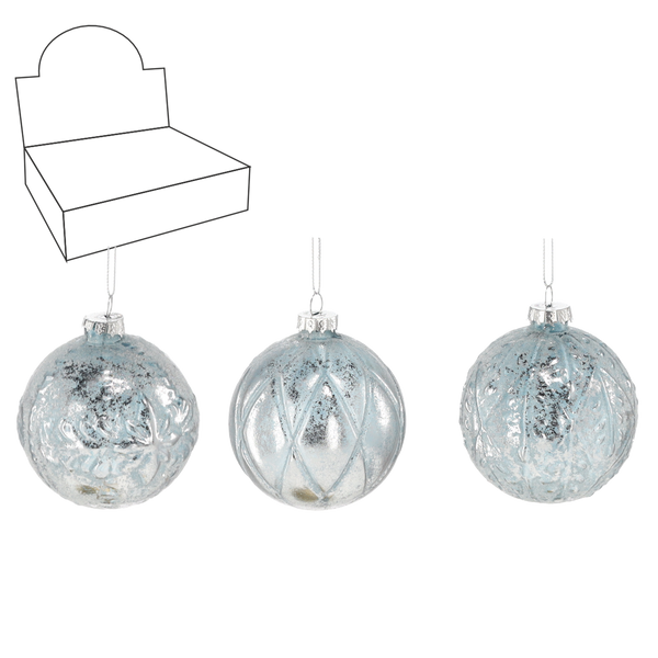 BOMBKA SZKLANA - NIEBIESKO - SREBRNA MIX WZORÓW 8 CM disp=12szt *2058
