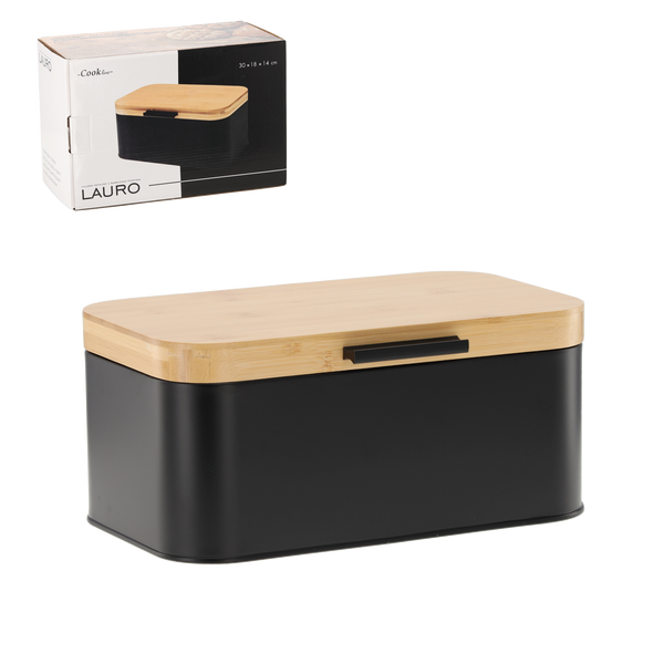 BREAD BOX LAURO - METAL WITH BAMBOO LID BLACK