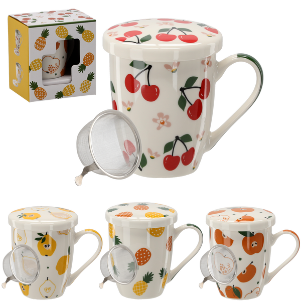 PORCELAIN MUG WITH INFUSER AND LID 340 ML MIX OF FRUIT PATTERNS