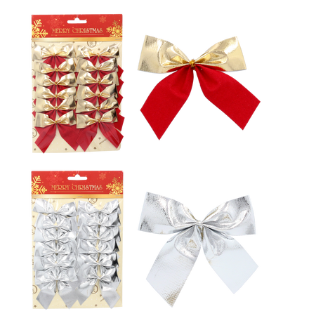 SET OF 12 CHRISTMAS BOWS SILVER/RED-GOLD