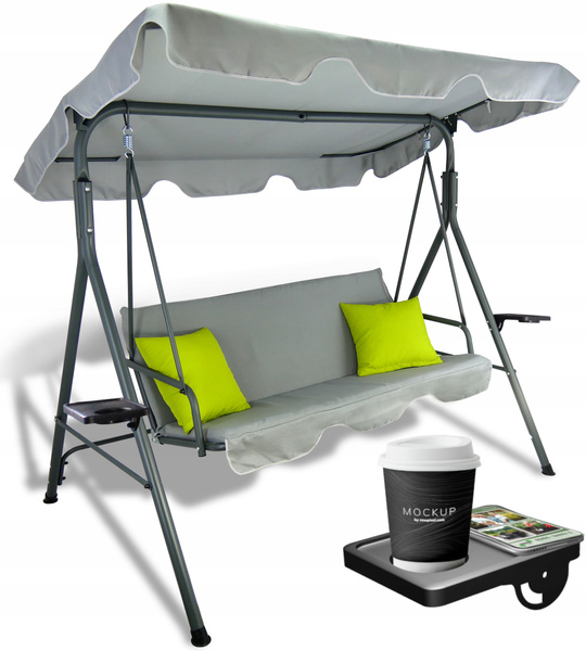 ZÁHRADNÁ HOJDACIA SEDAČKA A-TYPE 170 x 118 x 153 cm ŠEDÁ S LIMETKOVÝMI PODLOŽKAMI A PODSTAVCAMI NA ŠÁLKY *9987