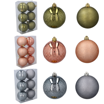 SET OF 6 BAUBLES 8 CM OLIVE/COPPER/GRAPHITE MIX DESIGNS