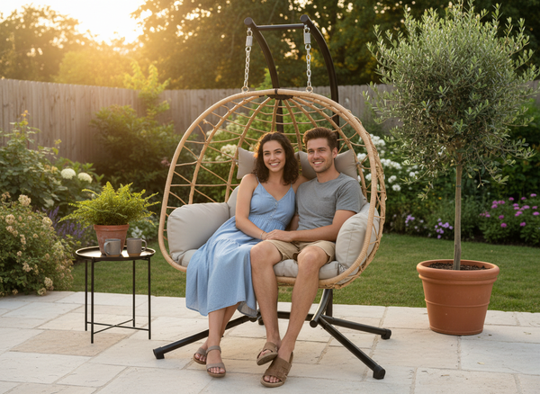 FOTEL WISZĄCY PODWÓJNY SKŁADANY LUVO BRĄZOWY, PODUSZKA - JASNY SZARY, RAMA - CZARNA