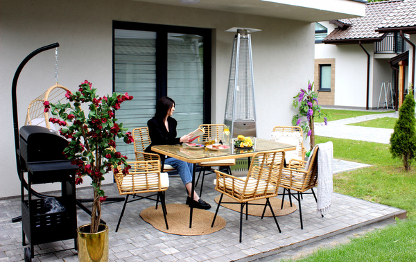 ZESTAW MEBLI OGRODOWYCH (STÓŁ, 6 KRZESEŁ) - BRĄZOWY, PODUSZKI - BEŻOWY