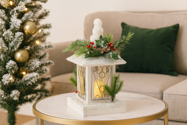 CHRISTMAS WHITE LED LANTERN WITH A CANDLE 17 x 17 x 32 CM