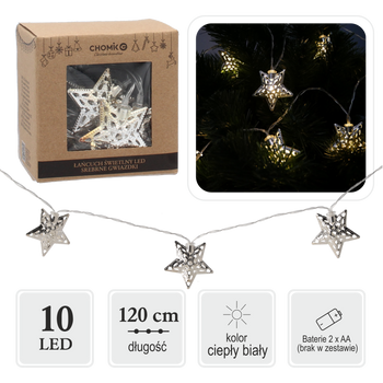 LED ŤAŽKÝ REŤAZEC STRIEBORNÉ HVIEZDIČKY 10 L TEPLÉ BIELE *0979