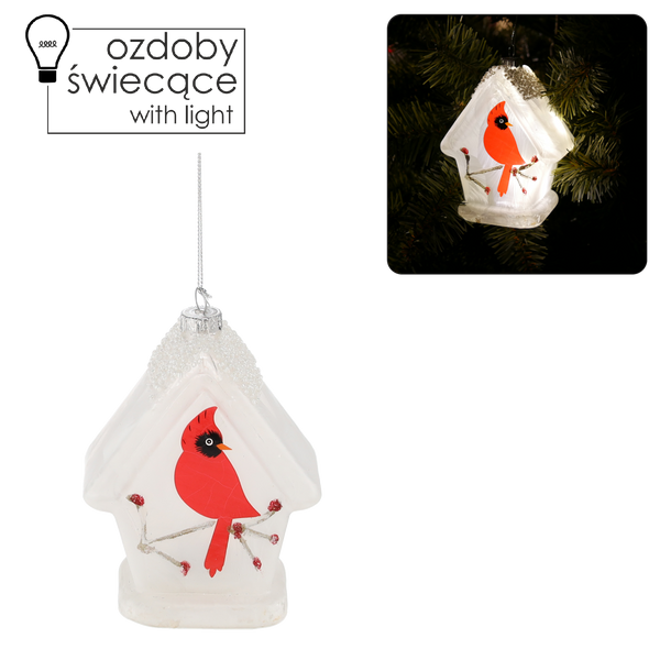 GLASS CHRISTMAS ORNAMENT LED - BIRD IN BIRDHOUSE