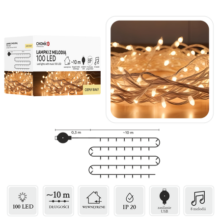 LED OSVETLENIE S MELODIOU USB 100L TEPLÁ BIELA, DĹŽKA 0,3 + 10 M *0078