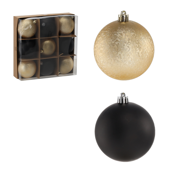 SET OF 9 CHRISTMAS TREE BAUBLES 8CM BLACK/GOLD