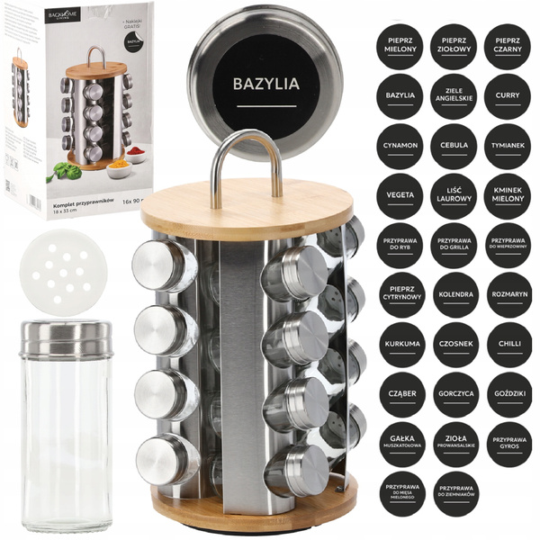 PRZYPRAWNIK OKRĄGŁY 18 x 33 CM Z RĄCZKĄ 16 SŁOICZKÓW BAMBUSOWO-SREBRNY *9172