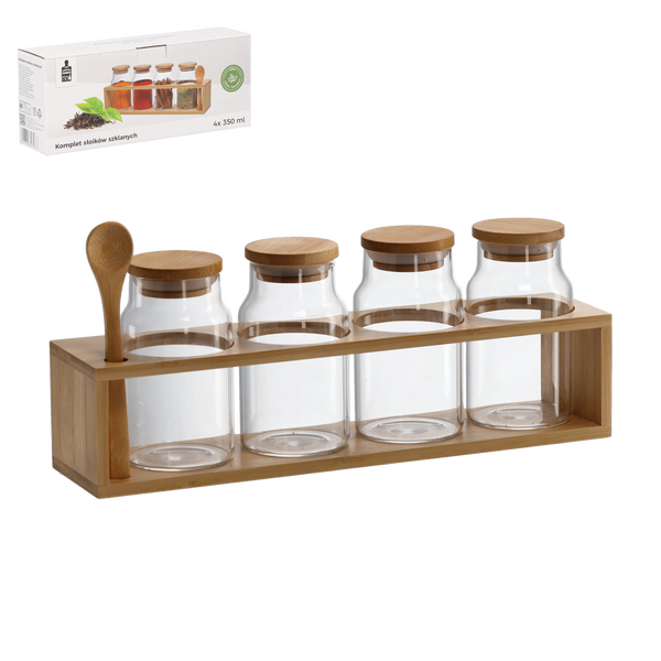 SET OF 4 GLASS JARS 400 ML WITH WOODEN STAND AND LID