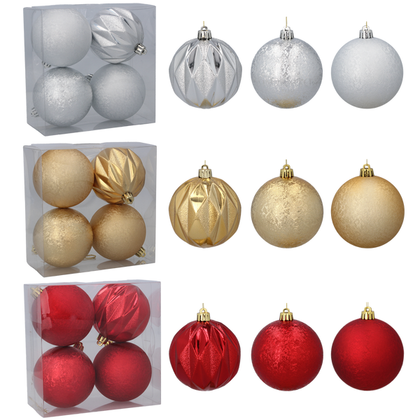 SET OF 4 BAUBLES 8 CM RED/GOLD/SILVER