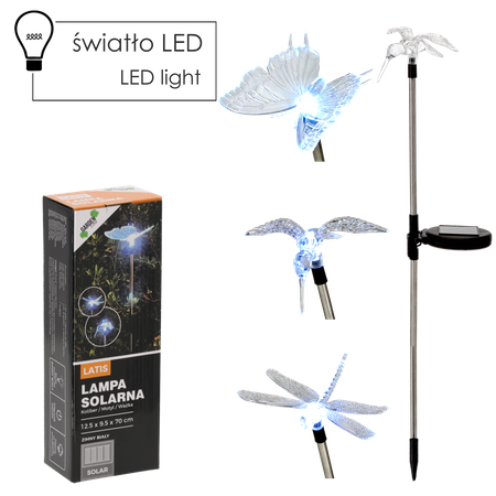 LAMPA SOLARNA LATIS 12,5 x 9,5 x 70 CM SREBRNA KOLIBER / MOTYL / WAŻKA ZIMNY BIAŁY *4344