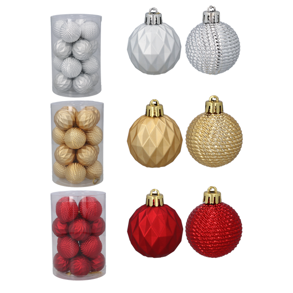 SET OF 16 BAUBLES 4 CM RED/GOLD/SILVER