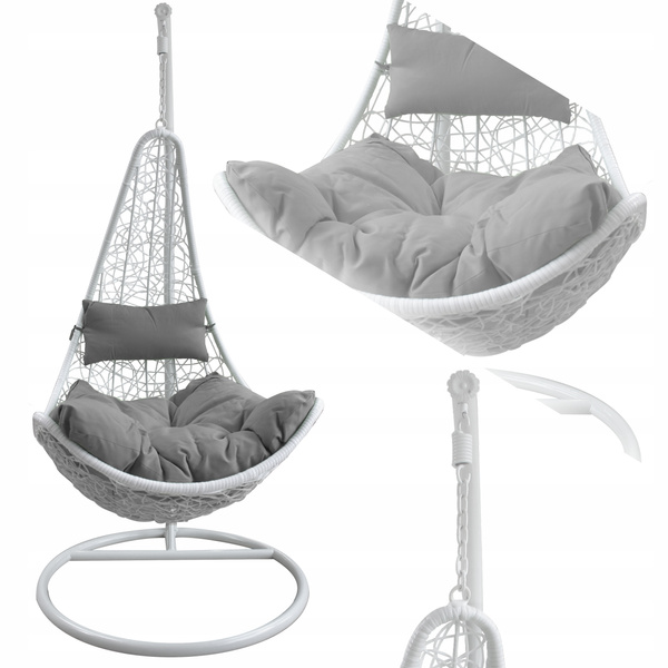 FOTEL WISZĄCY BIAŁY, PODUSZKA - CIEMNOSZARA , RAMA - BIAŁA, POŁÓWKA