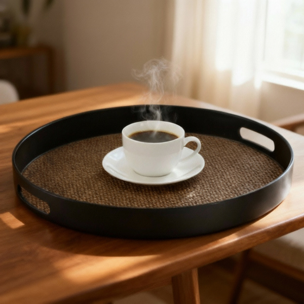 ROUND TRAY WITH HANDLES 35 x 35 x 4 CM BLACK WITH JUTE