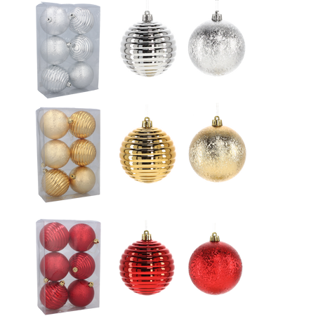 SET OF 6 BAUBLES 8 CM RED/GOLD/SILVER